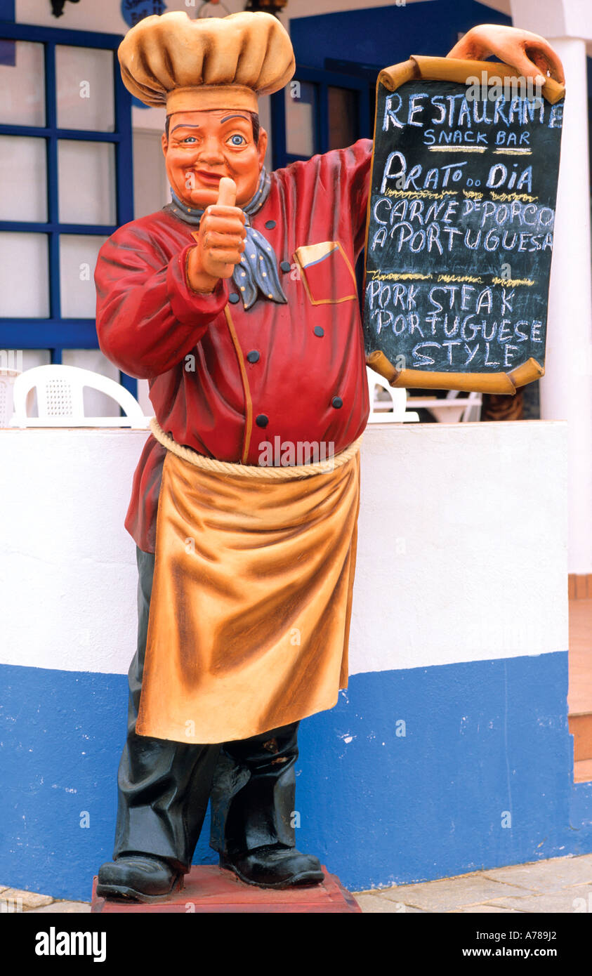 Advertisement figure showing Dish of the day, Beach Praia Olhos de Agua, Albufeira, Algarve, Portugal Stock Photo