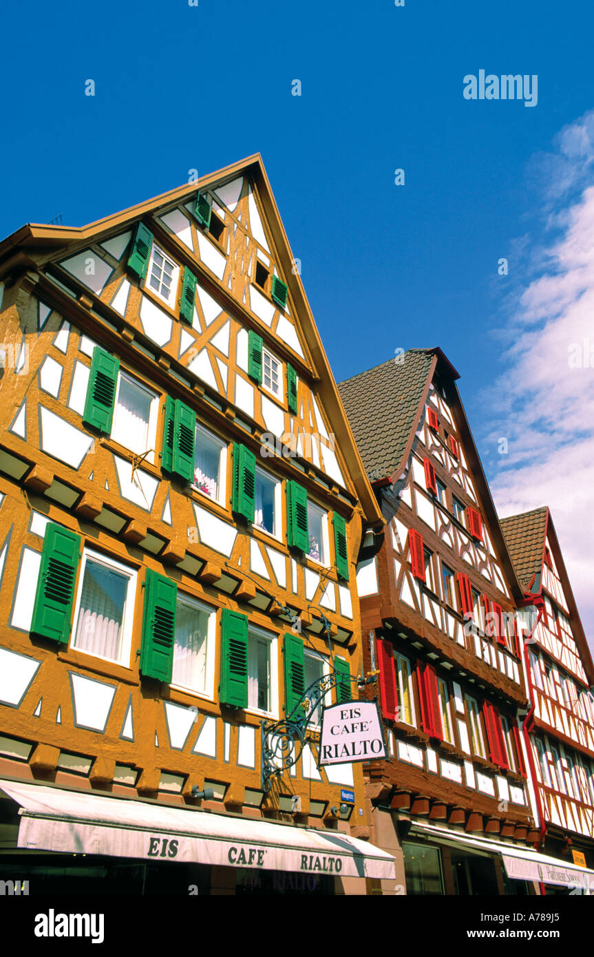 Typical facade of historical half-timbered houses, Mosbach, Odenwald, Germany Stock Photo