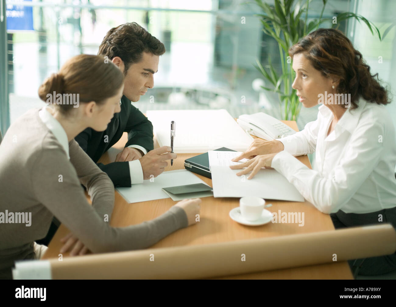 Mature female architect speaking to clients Stock Photo