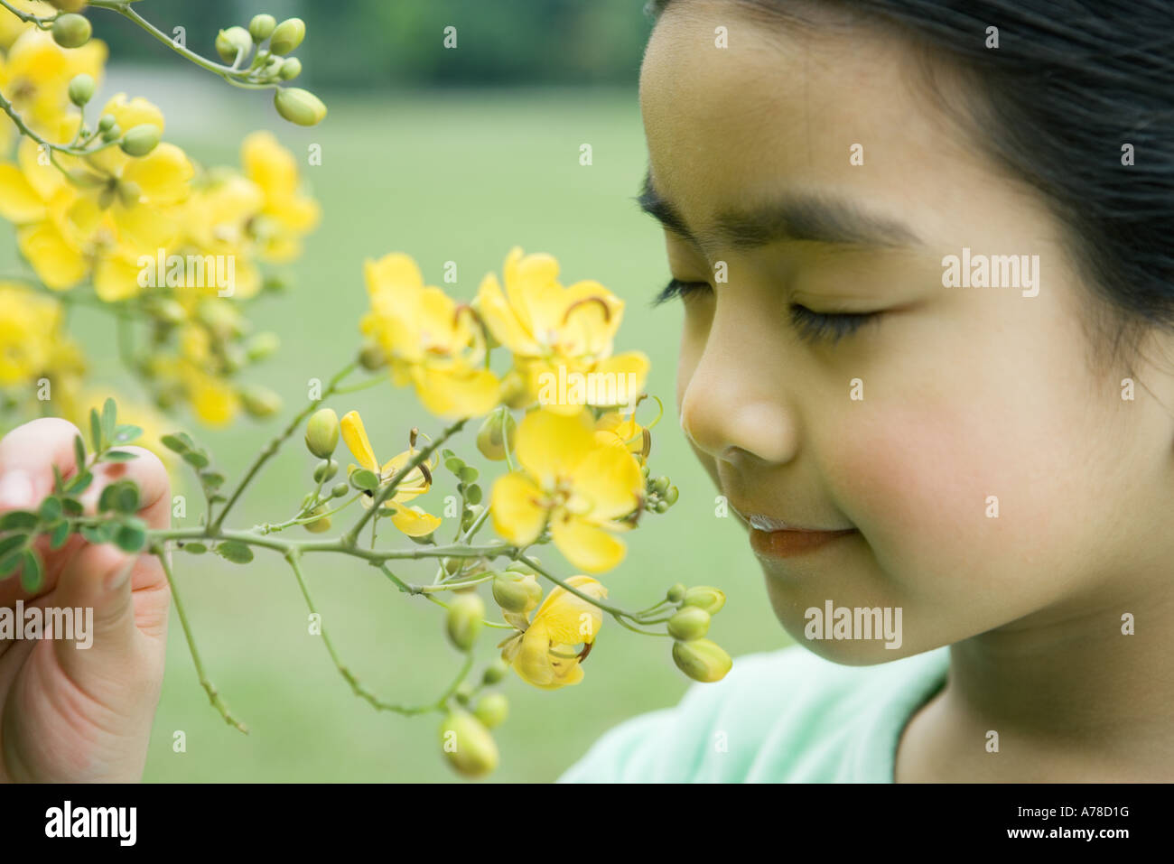 Little girl smelling flowers Stock Photo - Alamy
