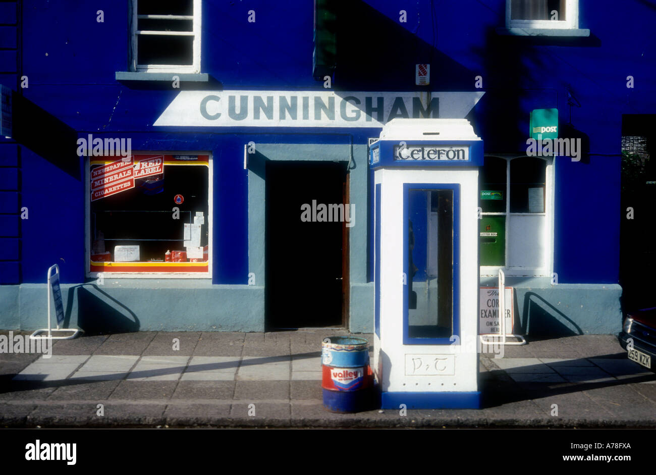The facade of a shop and telephone kiosk in County Galway Southern