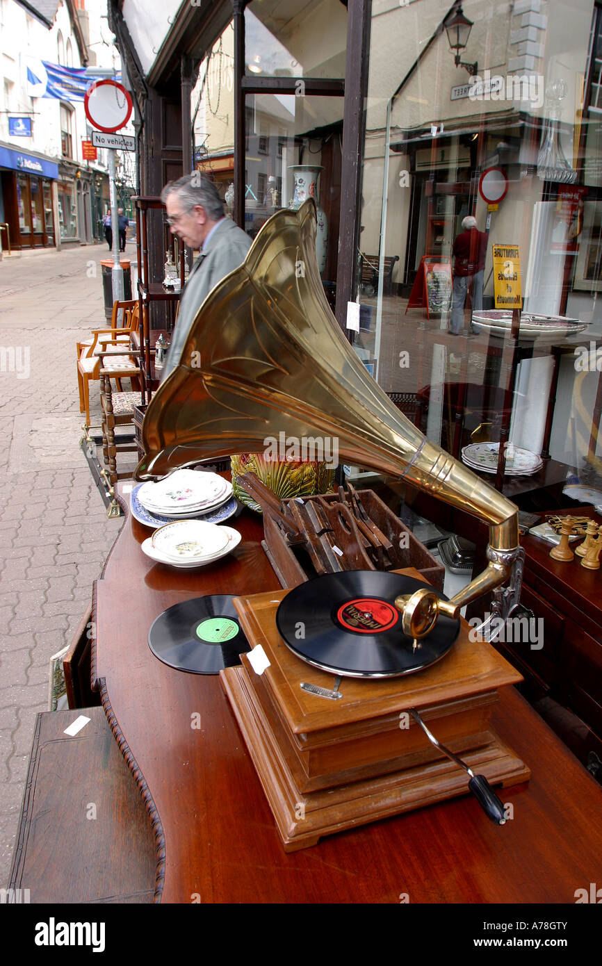 UK Wales Gwent Monmouth Agincourt Square Smith Antiques shop fake gramophone Stock Photo