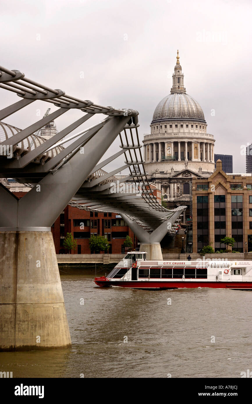 UK London Millennium Bridge over River Thames near St Pauls Cathedral