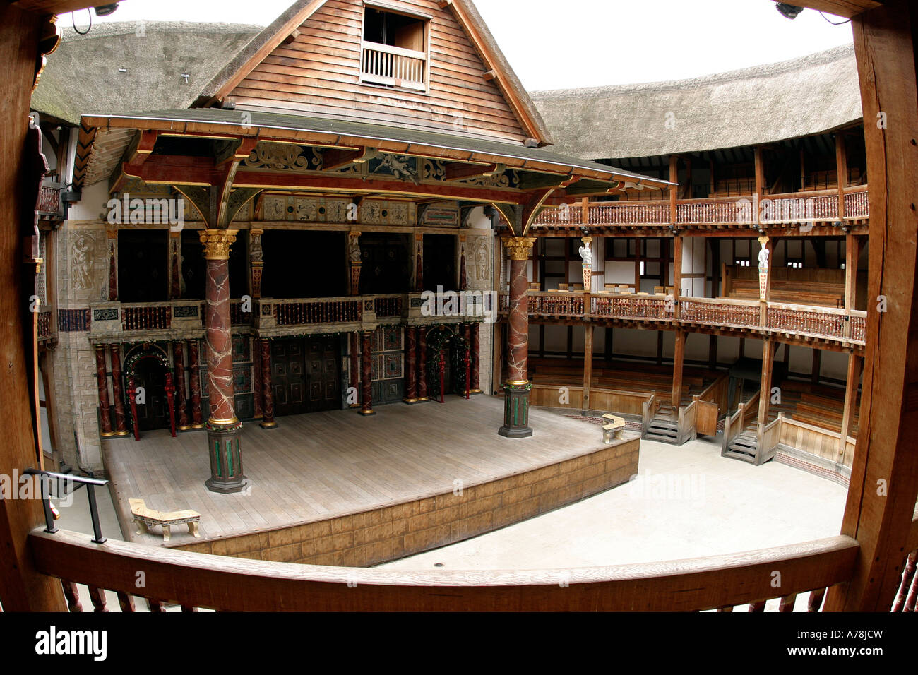 UK London Bankside Shakespeares Globe Theatre stage and auditorium Stock Photo