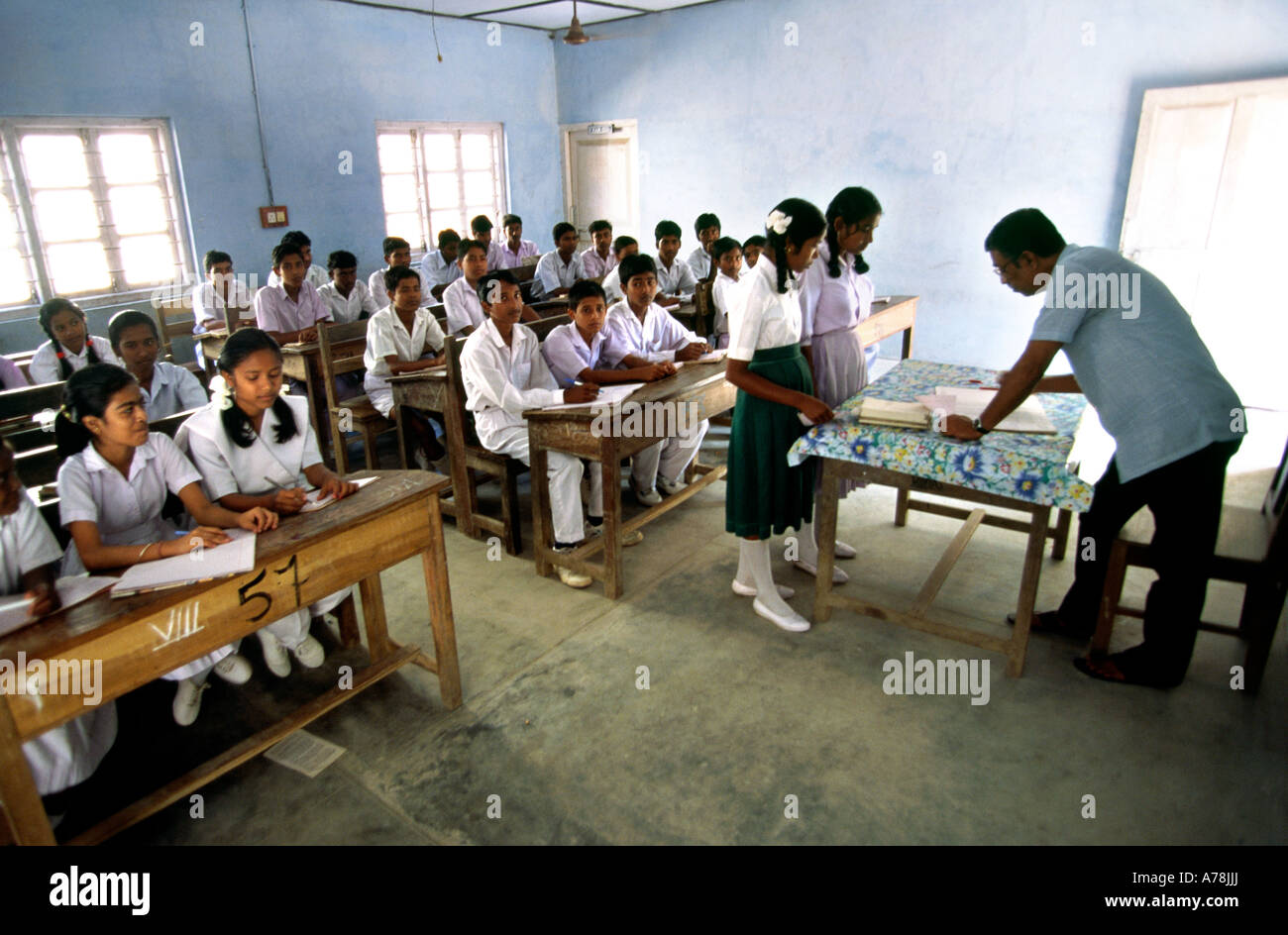 India Andaman Islands Havelock Number Three village education Secondary School class with teacher Stock Photo