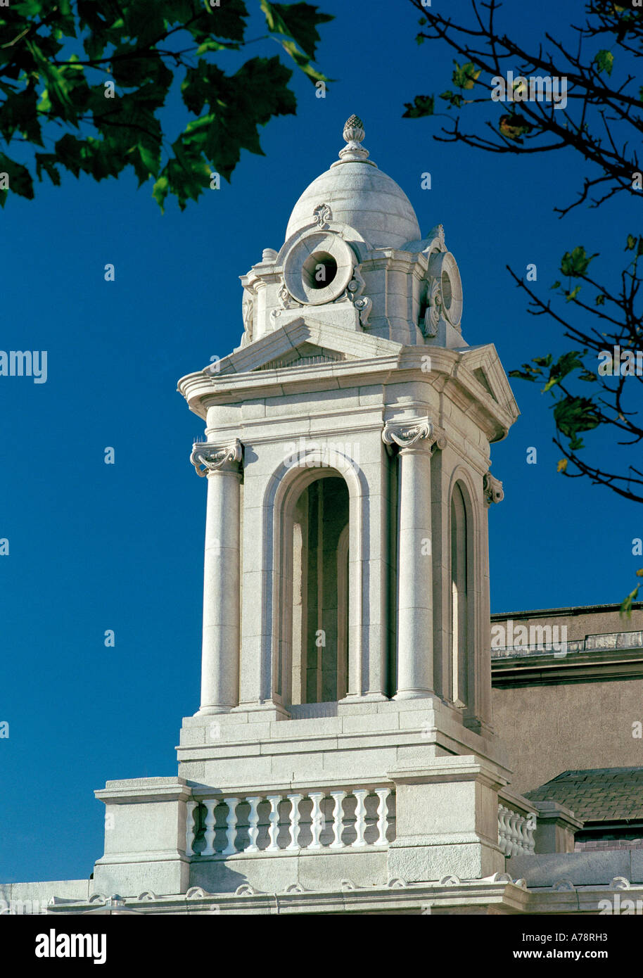 A faux campanile, newly cleaned , adorns the neo-classical Victorian Heuston railway station, Dublin, Ireland Stock Photo