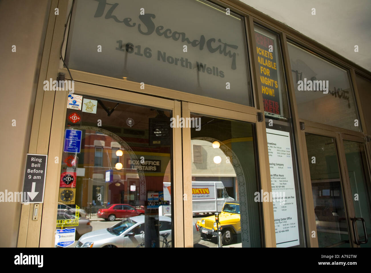 CHICAGO Illinois Second City comedy club in Pipers Alley in Old Town neighborhood ticket window reflection Stock Photo