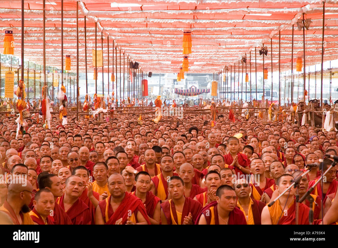 Tibetan buddhist monks listening to the Dalai Lama during the Kalachakra ceremony in Amaravati India Stock Photo