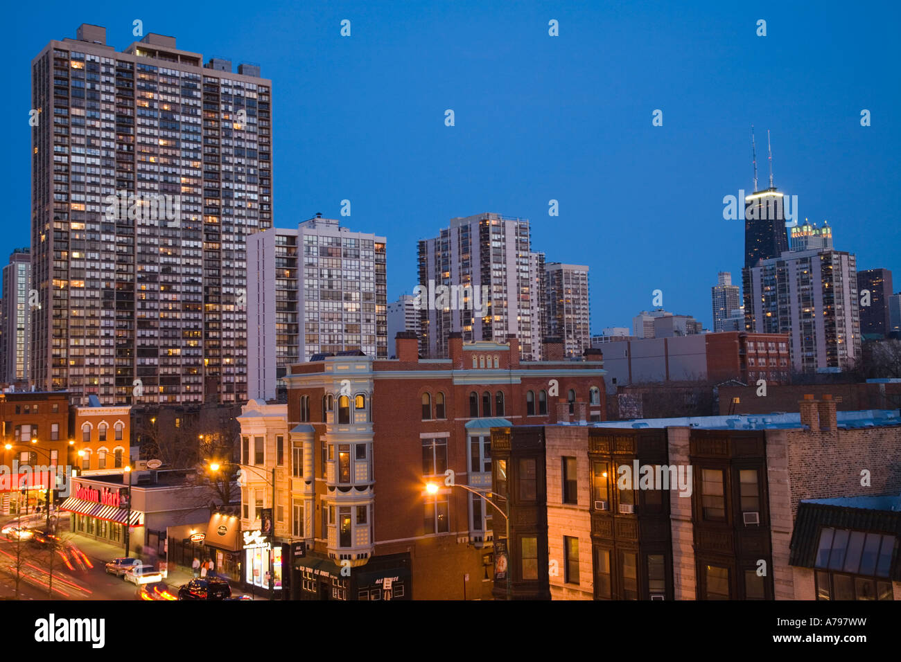 CHICAGO Illinois Businesses and stores along North Avenue at dusk
