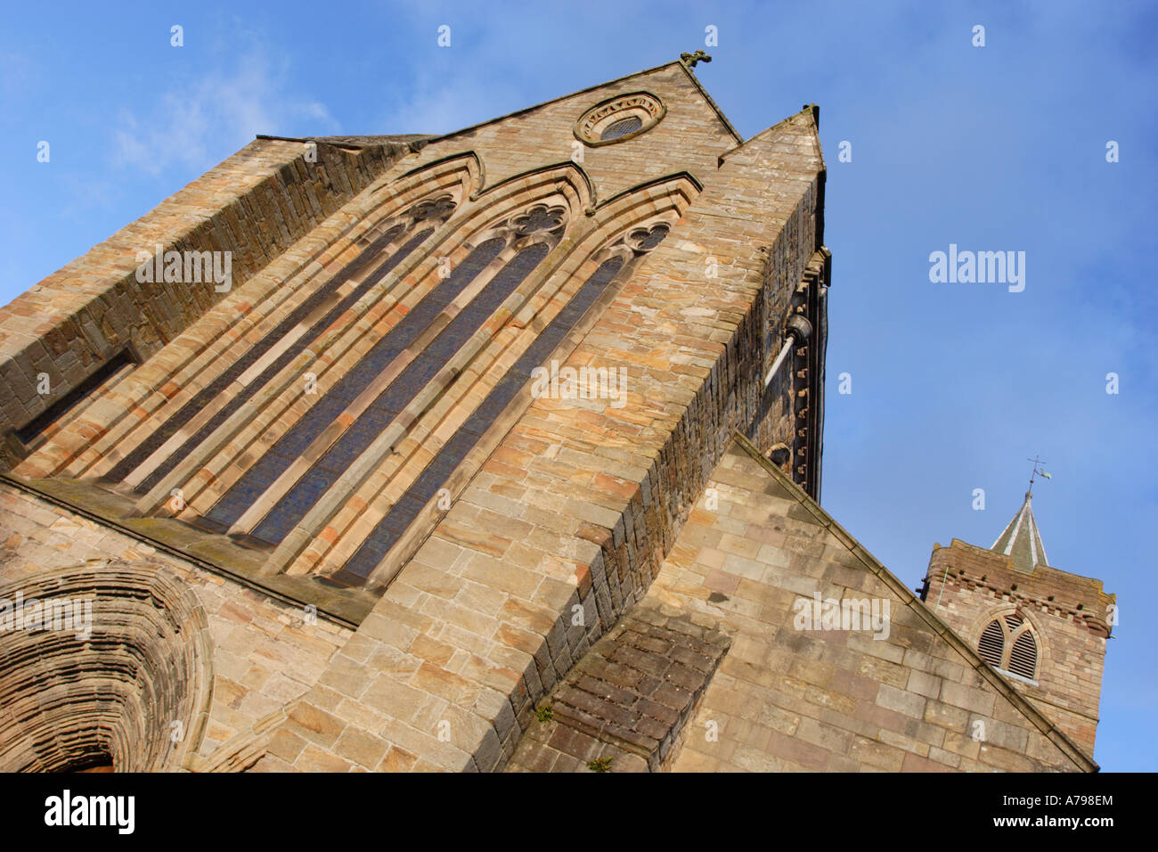 Dunblane Cathedral West Door, Great West Window and Tower Stock Photo