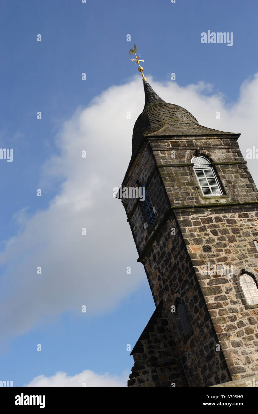 The tower and weathercock of the medieval parish church of St. Mungo in Alloa, Clackmannanshire. Stock Photo