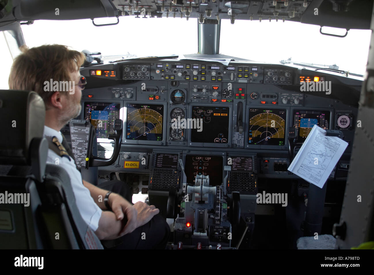 Boeing 737 aircraft pilot captain in cockpit or flight deck with Stock Photo 6723468 Alamy