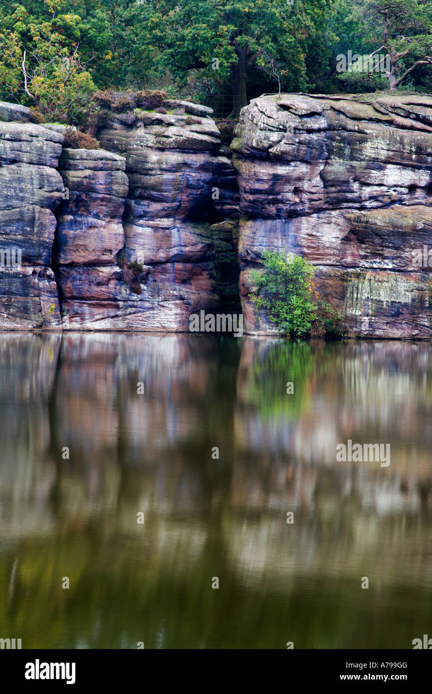 Millstone grit rocks reflected in the lake at Plumpton Rocks near Knaresborough North Yorkshire England Stock Photo