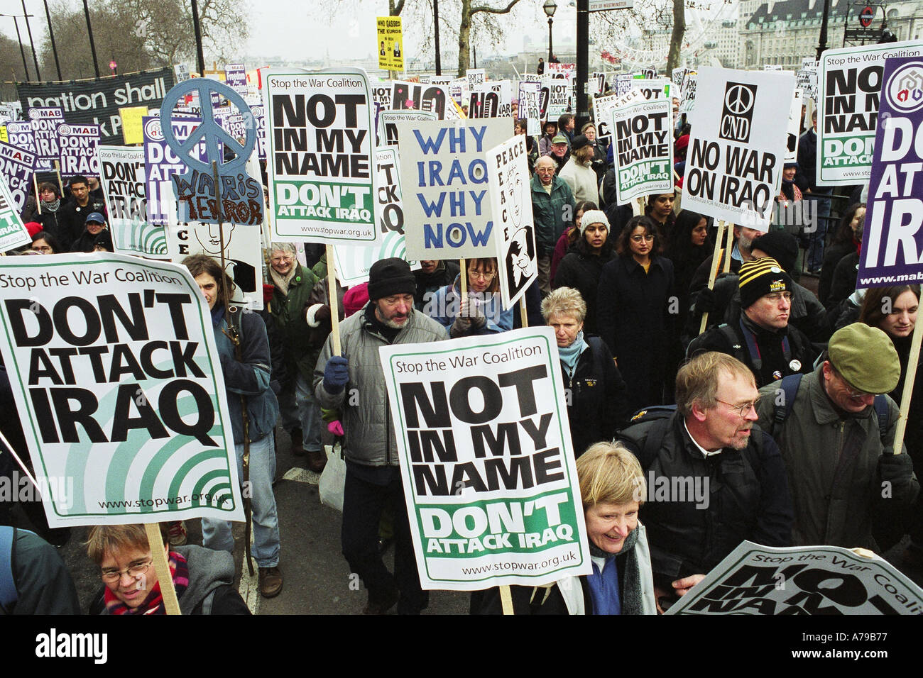 Demonstration organised by Stop the War coalition in London protesting the war in Iraq, 15th February 2003. Stock Photo