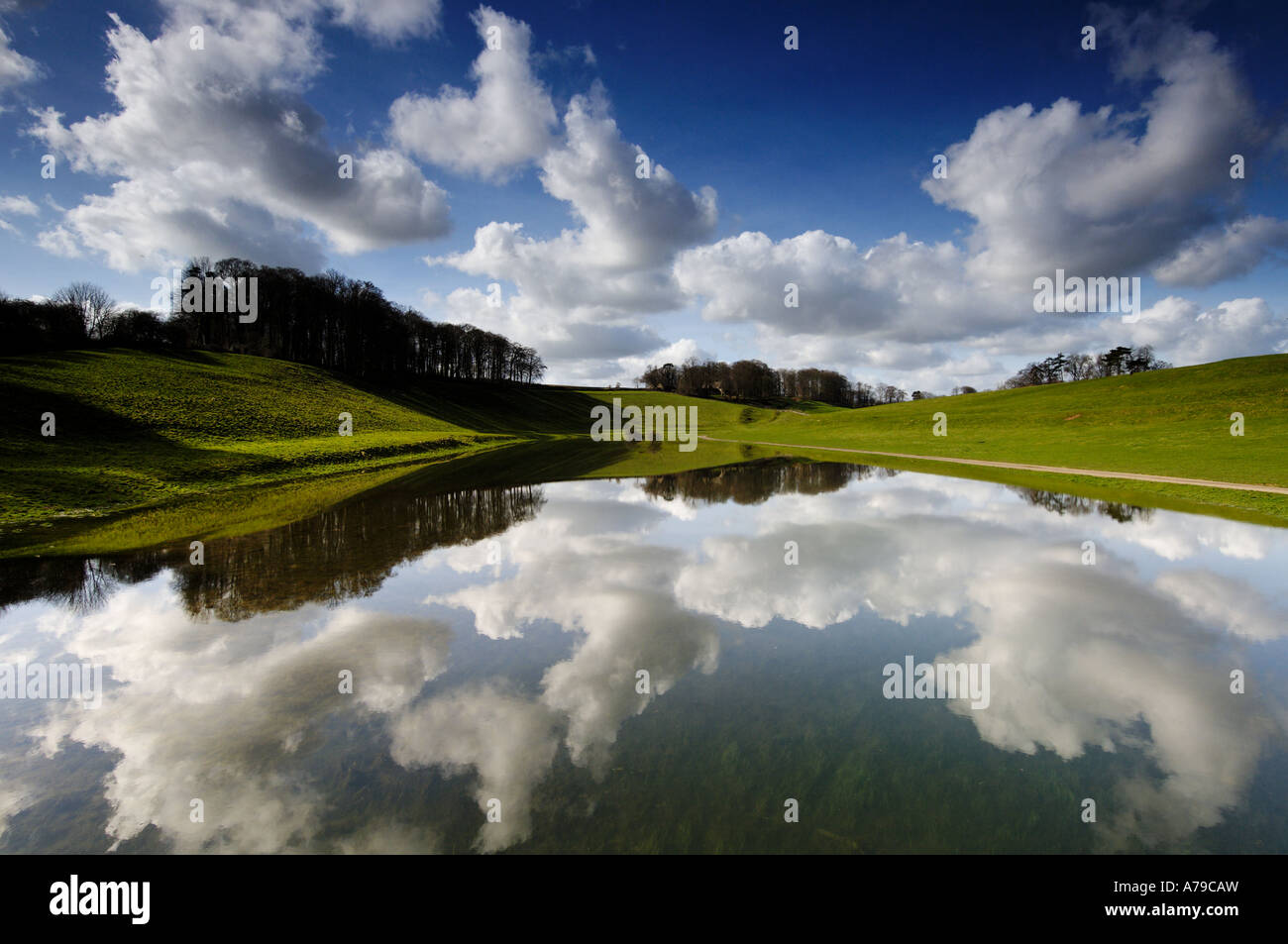 Reflection in a lake near Eastleach village in the Cotswold in England Stock Photo