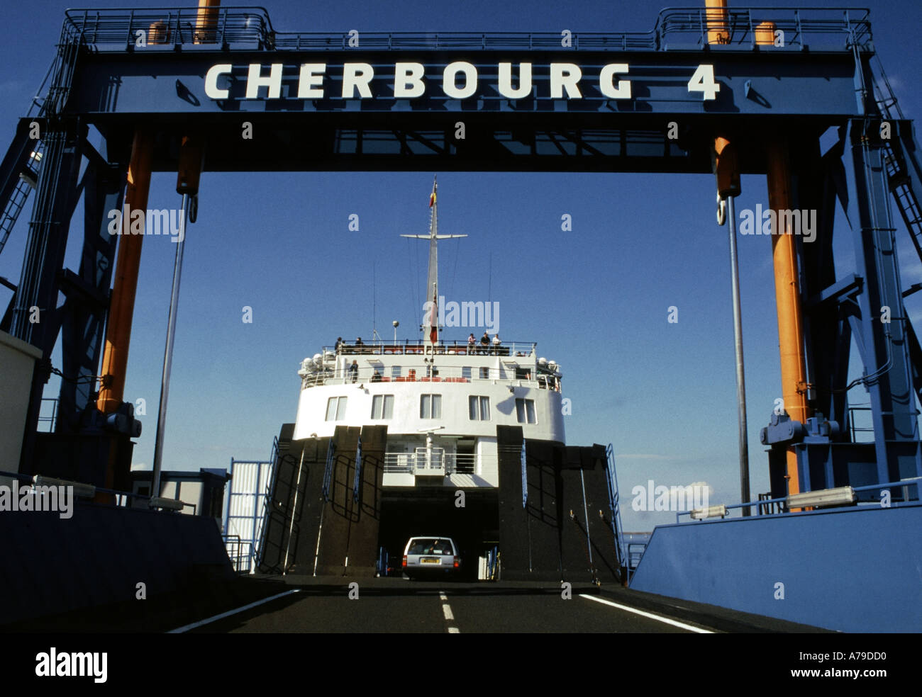 british car driving onto cross channel ferry cherbourg docks normandy ...