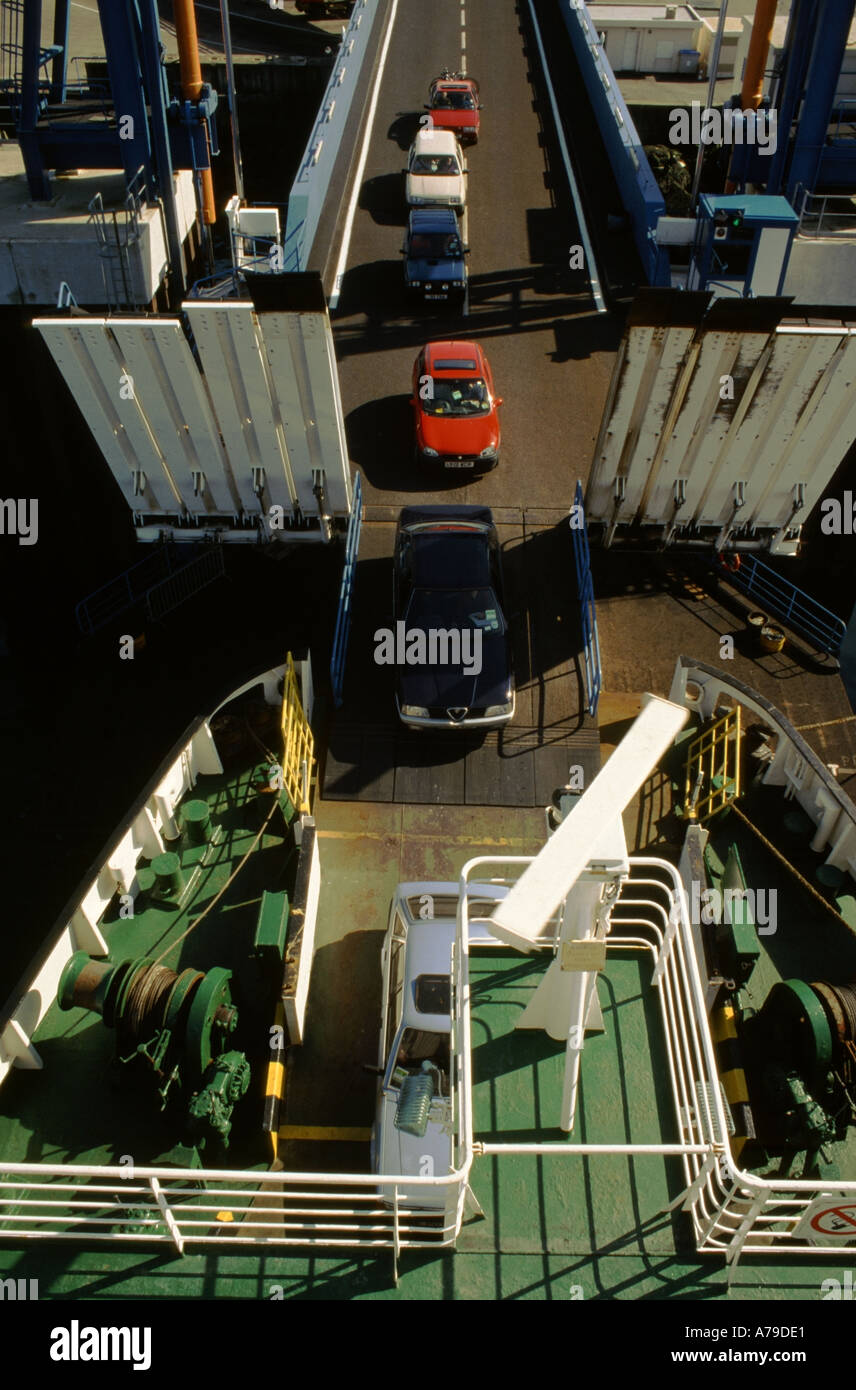 cars driving onto cross channel ferry cherbourg docks normandy france