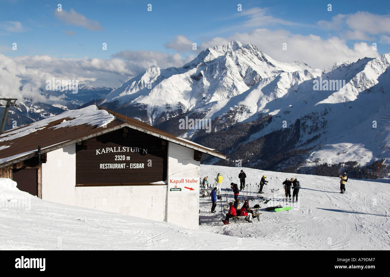 Kapallstuben restaurant, near Kapall lift unload station, ski resort of St. Anton am Arlberg, Tirol, Austria Stock Photo