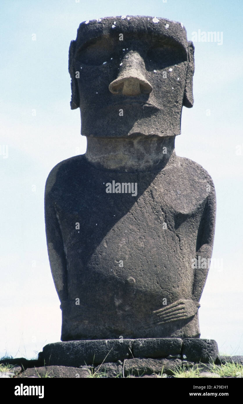 Moai restored by Thor Heyerdal on the Kontiki Expedition At Anakena Beach Easter Island Chile Polynesia Stock Photo