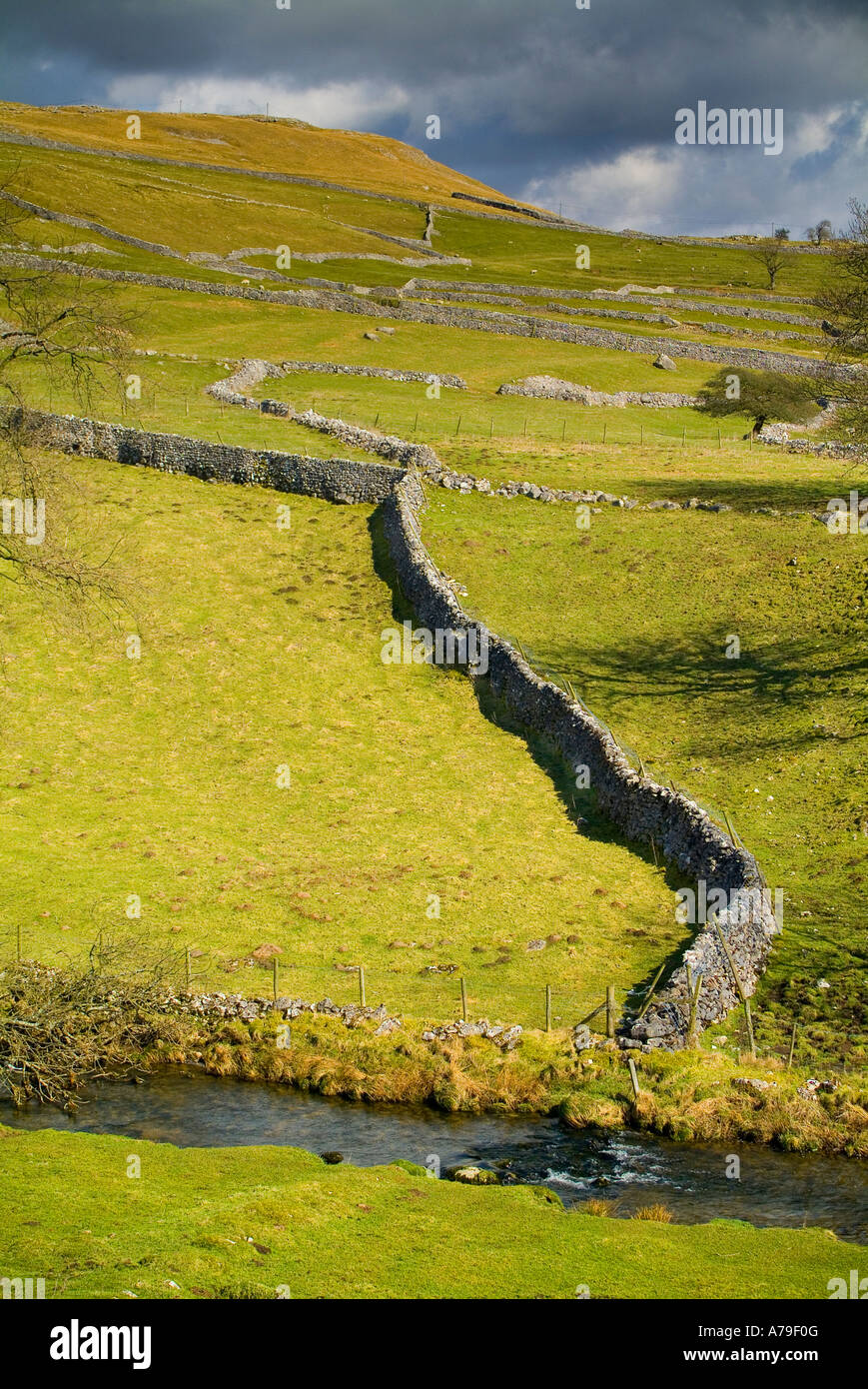Dry stone aww alongside the stream that flows out of the bottom of Malham Cove, North Yorkshire, England, United Kingdom. Stock Photo