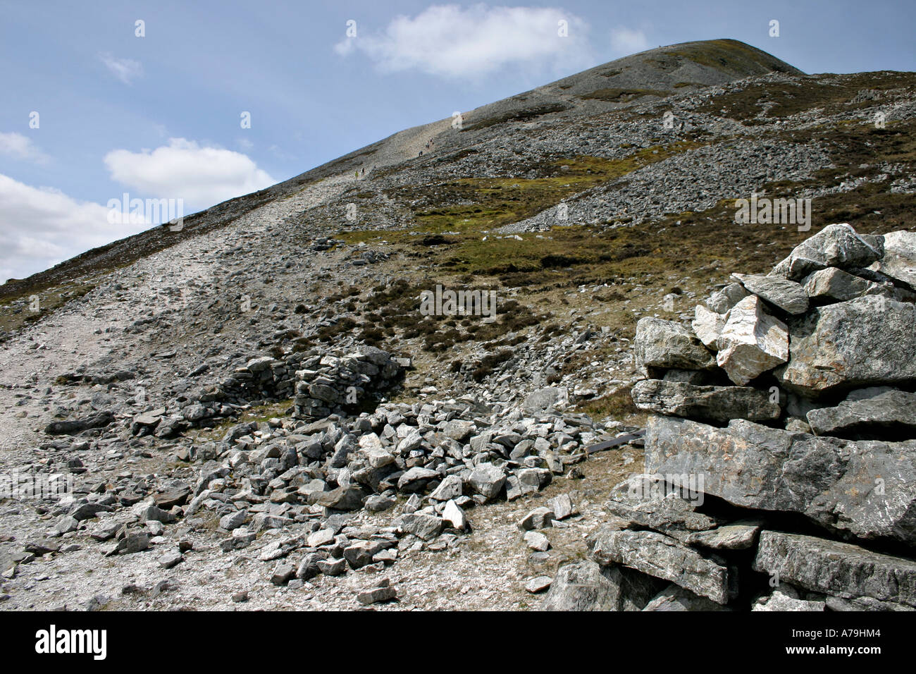 The peak of Croagh Patrick showing the path dotted with tiny climbers