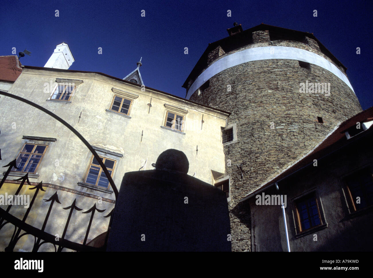 View of the tower from the courtyard of Burg Schlaining, an ancient castle in Burgenland, Austria Stock Photo