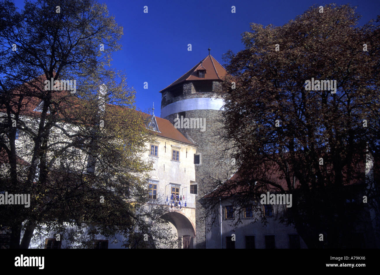 View of courtyard and autumn trees in Burg Schlaining, an ancient castle in Burgenland, Austria Stock Photo