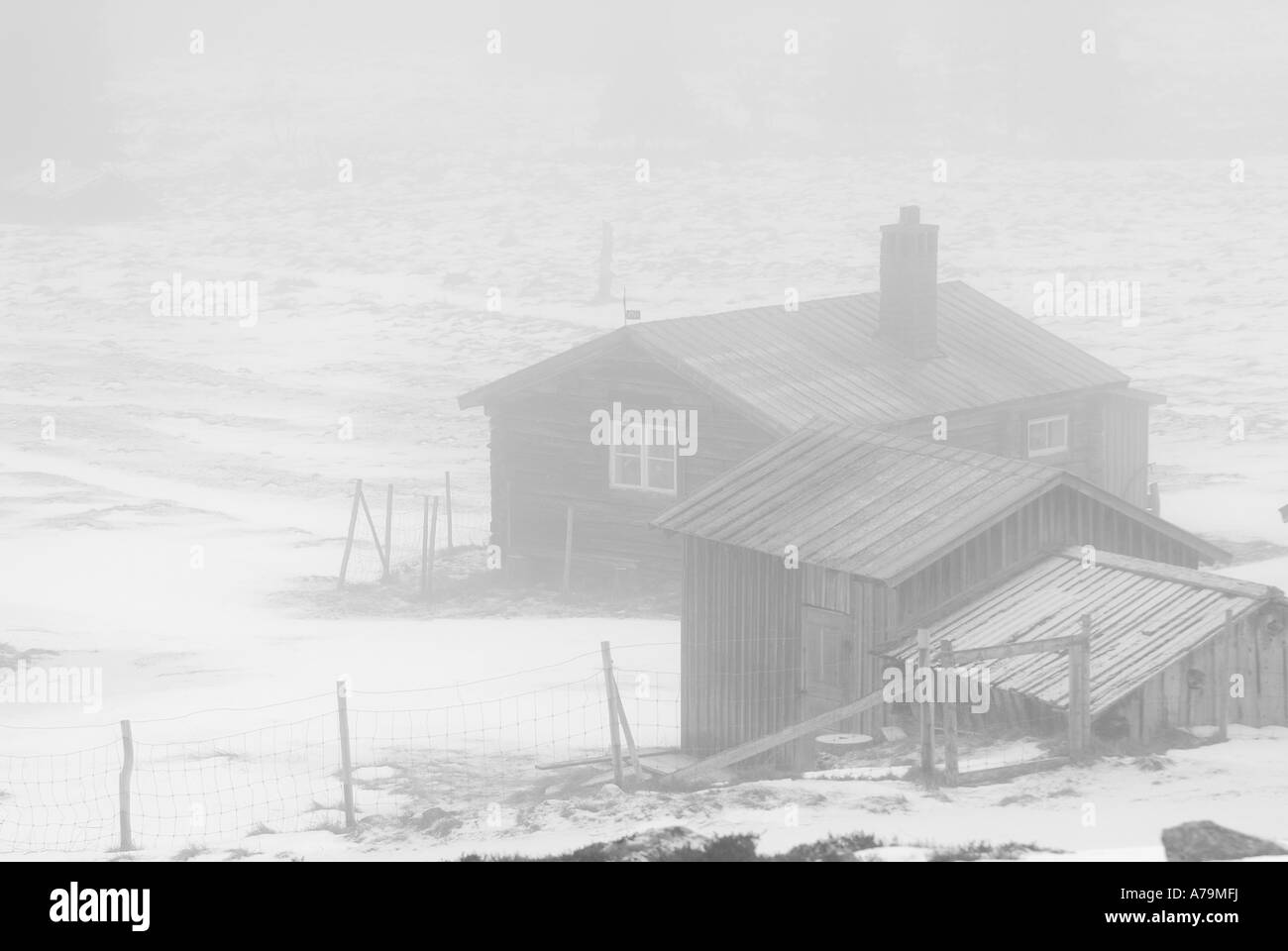 Wooden houses in the mist. Sweden Stock Photo