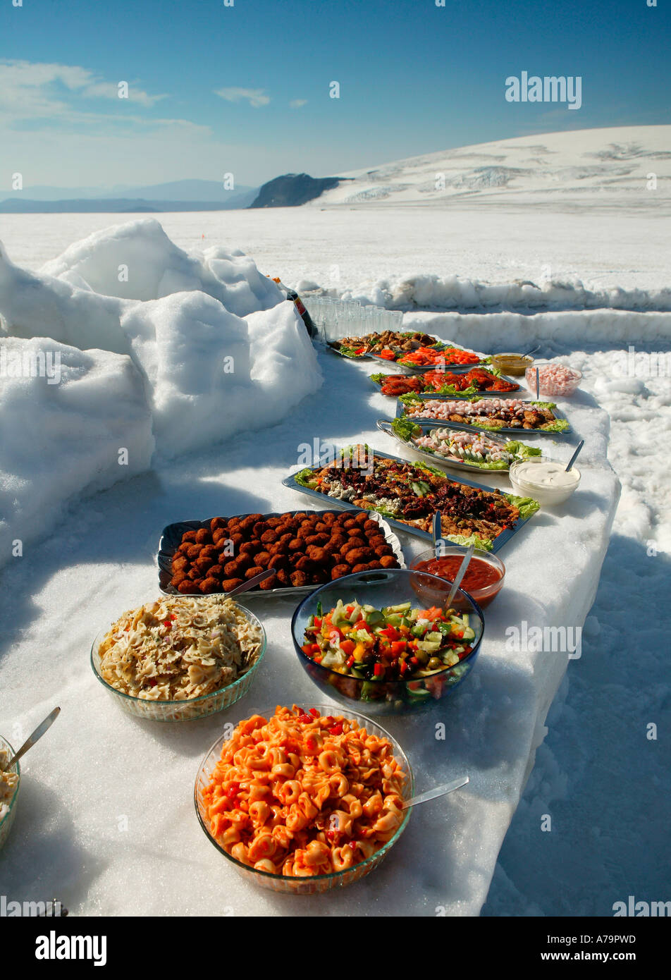 Buffet lunch served on Langjokull Glacier, Iceland Stock Photo