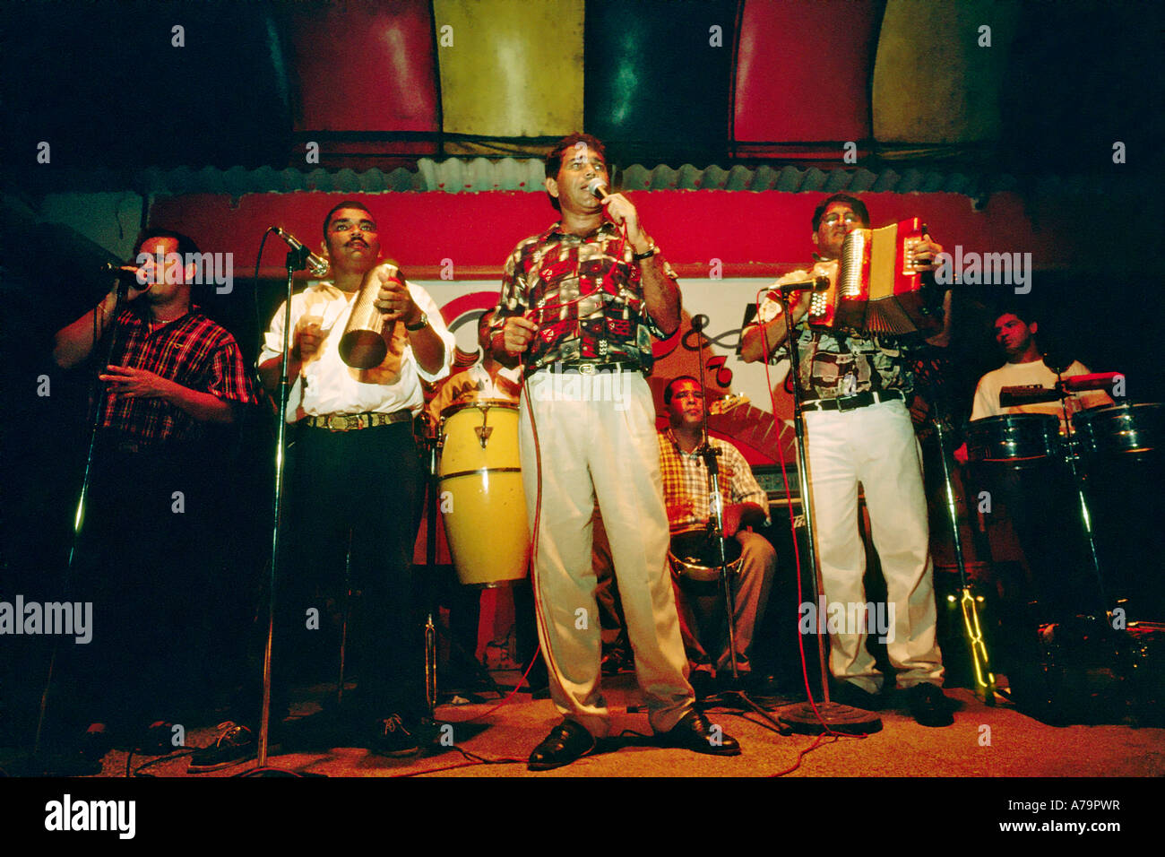 Colombian band performing cumbia music in a club in Cartagena Colombia Stock Photo