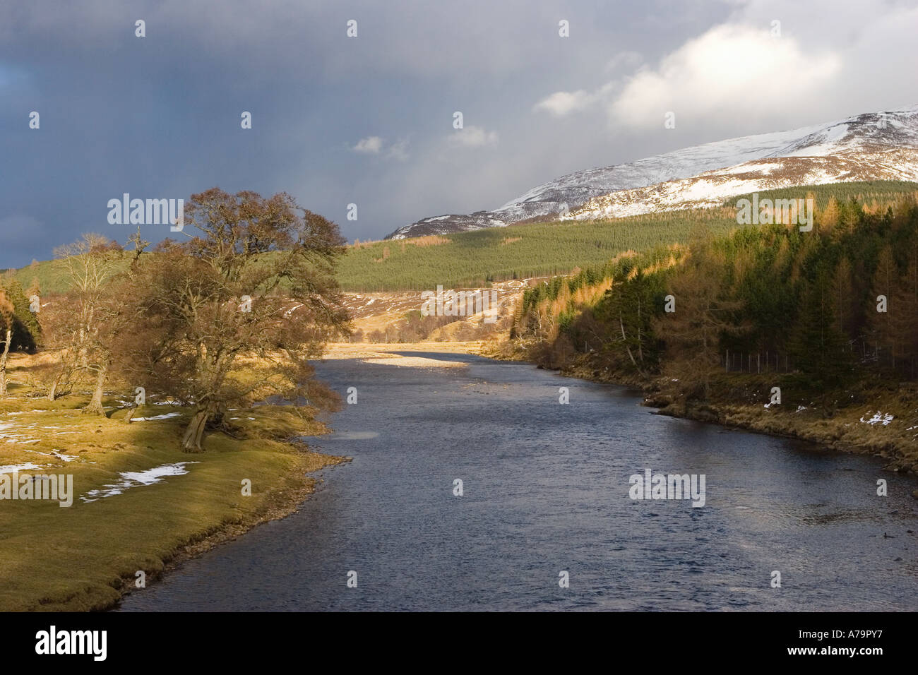 Winter View towards Morrone Hill along the river Dee as seen from Victoria Bridge Mar lodge, Cairngorms National Park, Scotland, Royal Deeside, UK Stock Photo