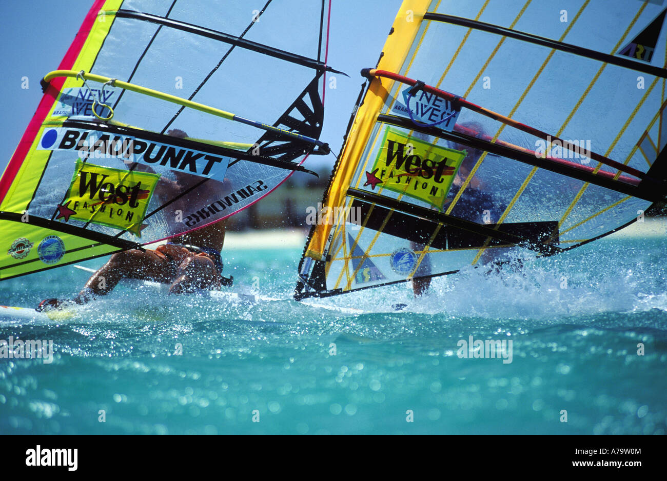 Windsurfers photographed from sea level in Aruba during Aruba High