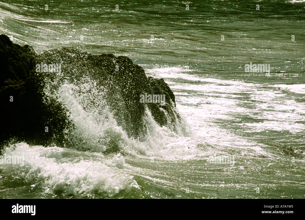 Cornwall Mullion sea crashing in on rocks Stock Photo