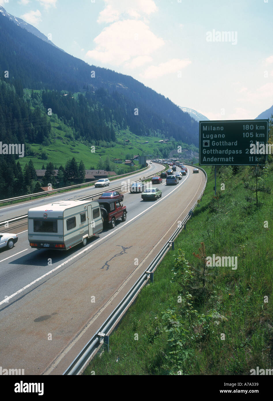 holiday traffic jam st gotthard motorway near the village of wassen swiss alpes canton of uri switzerland Stock Photo