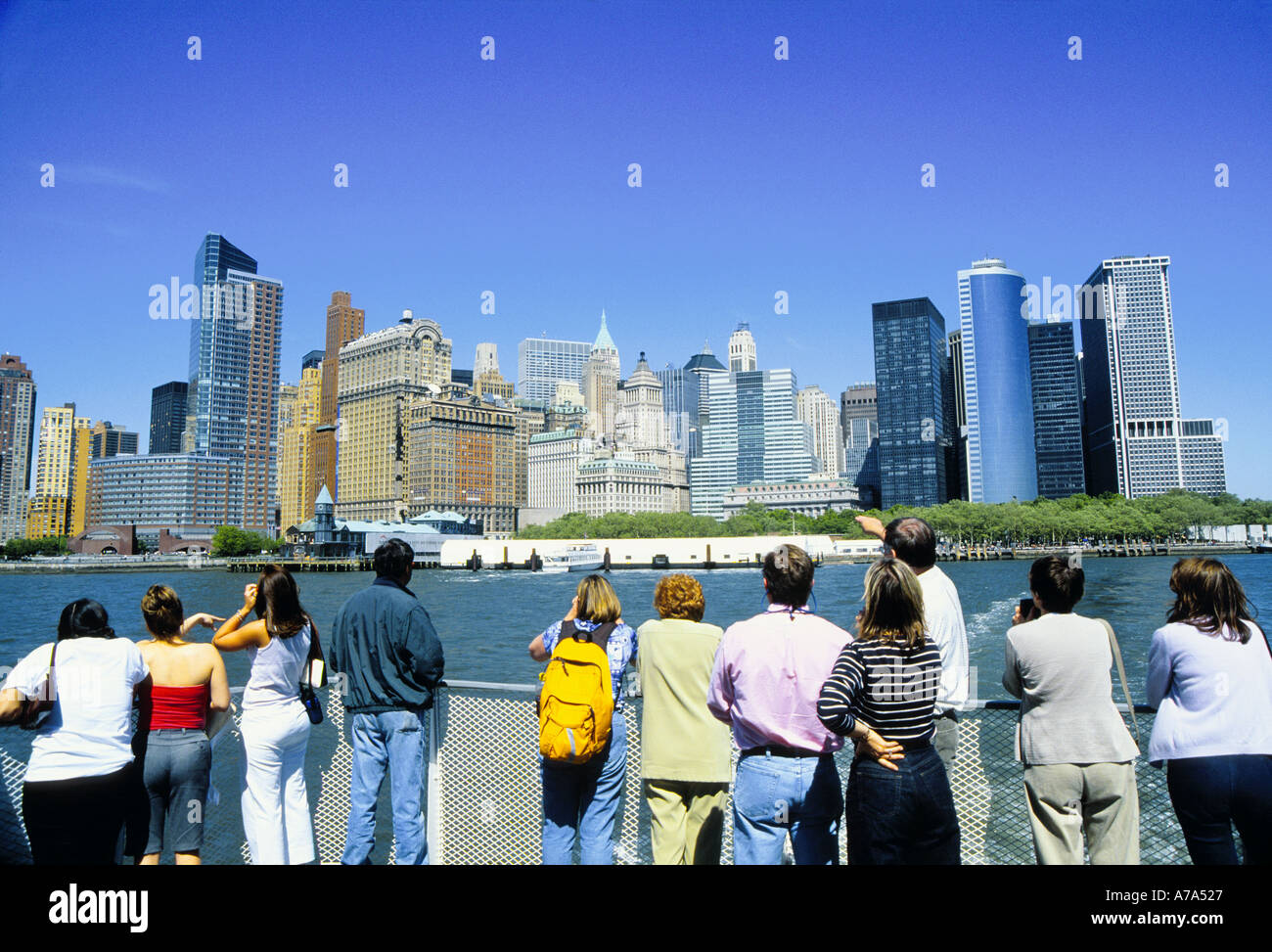 Lower Manhattan Skyline from Statue of Liberty Ferry New York Stock