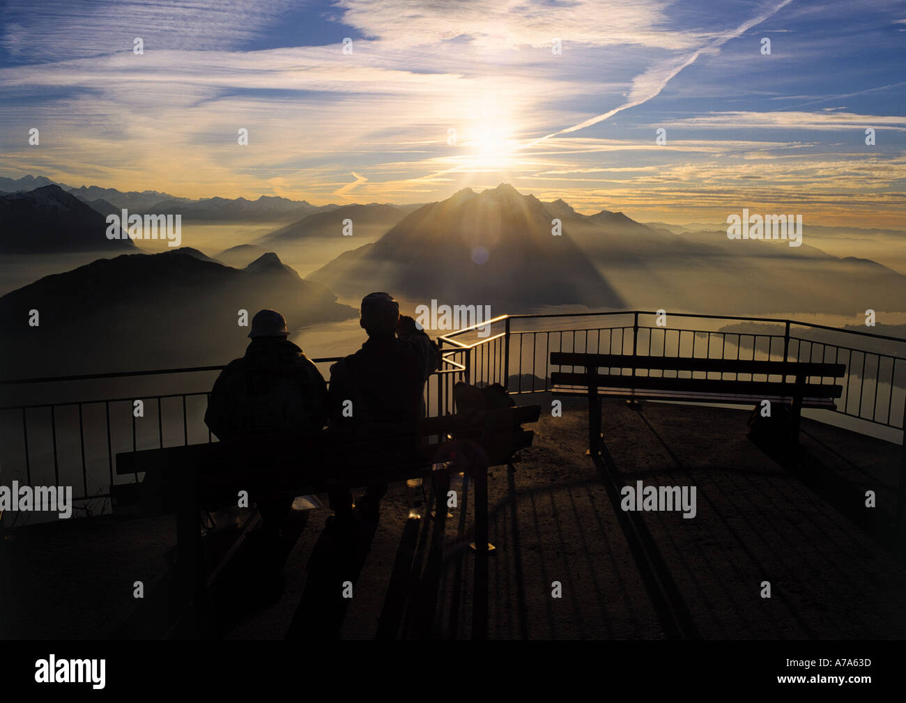 View from Mount Rigi to Mount Pilatus and Lake Lucerne Swiss Alpes Canton of Lucerne Switzerland Stock Photo