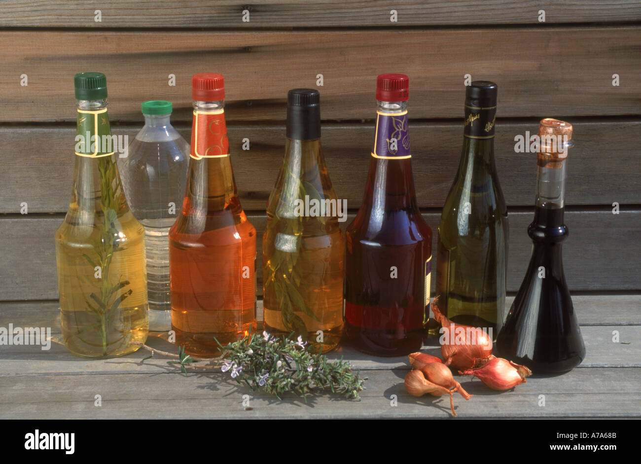 rosmary oil and different vinegars of cider and wine and spice Stock Photo