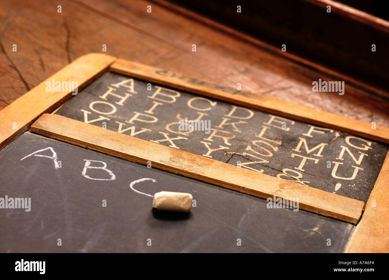 antique school chalkboard with ABC s written on it Stock Photo