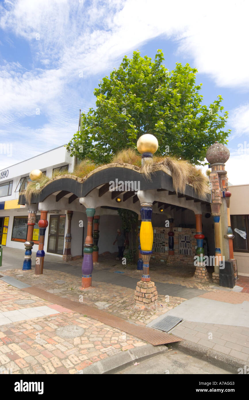 New Zealand KawaKawa Public toilets designed by Frederick Hundertwasser  using tiles ceramics and empty bottles Stock Photo - Alamy