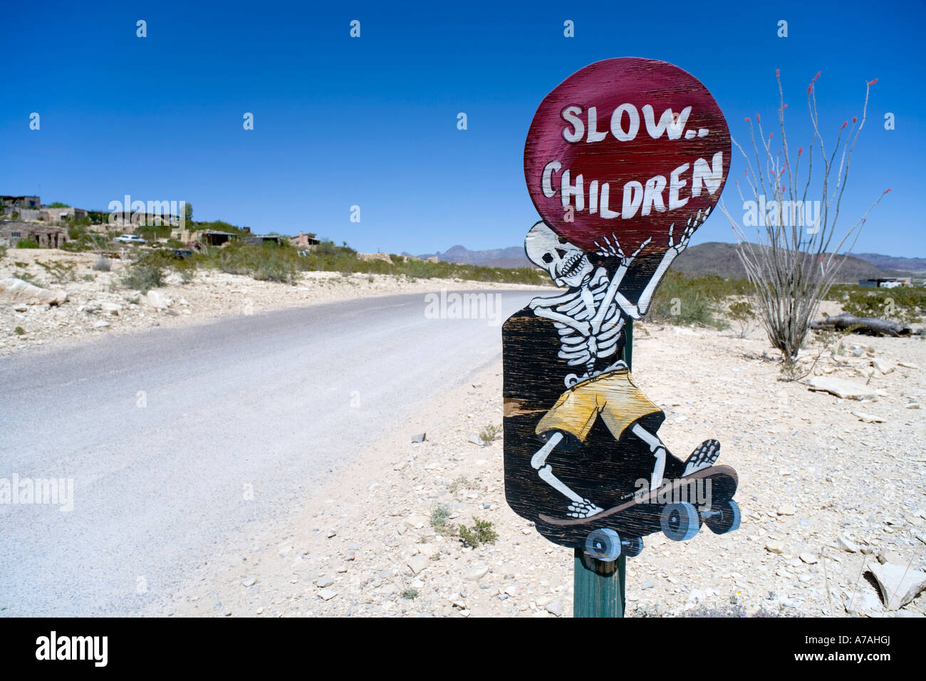 Custom hand made road sign in Terlingua a small community in far West Texas near the Mexican border Stock Photo