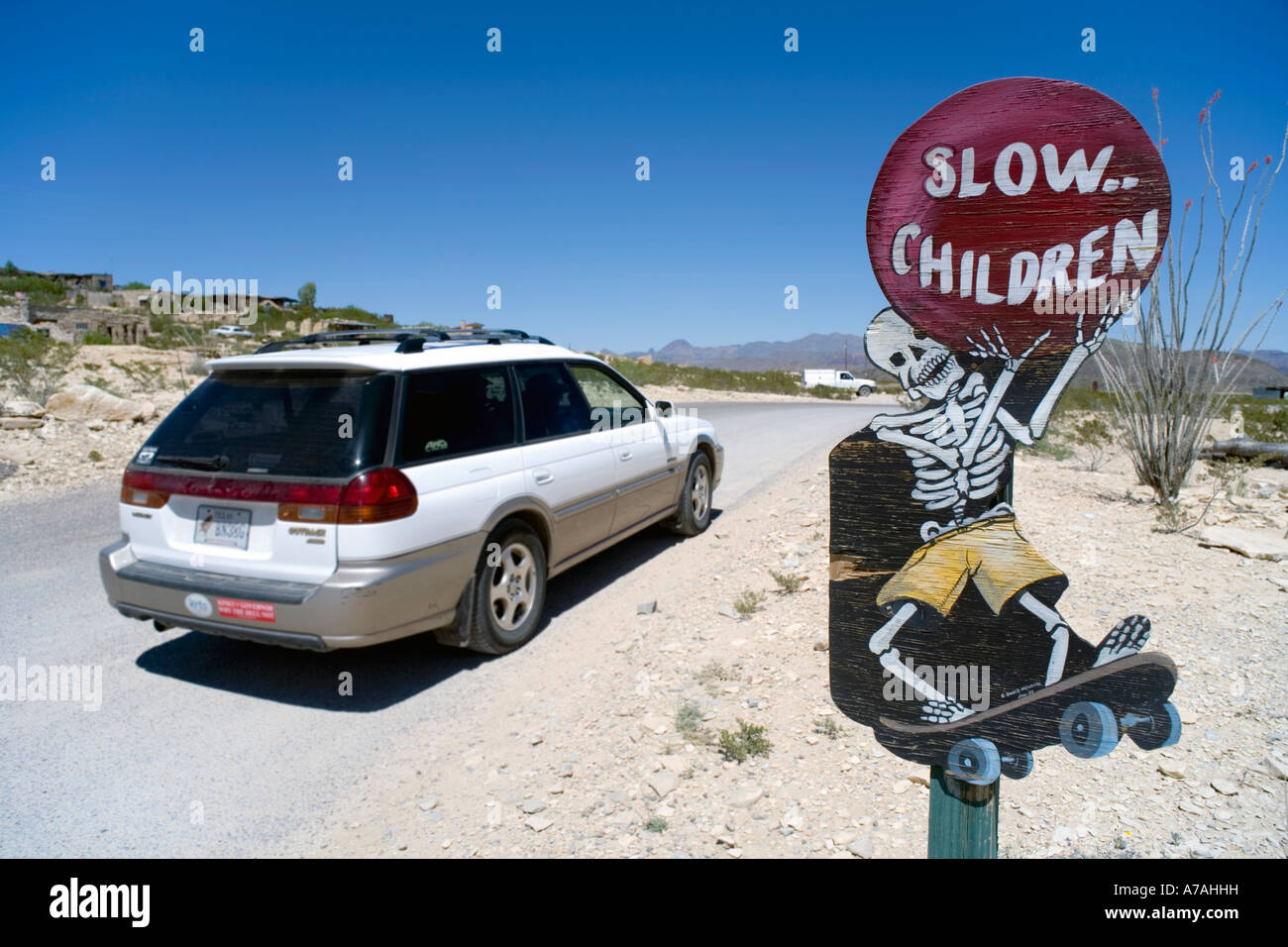 Custom hand made road sign in Terlingua a small community in far West Texas near the Mexican border Stock Photo