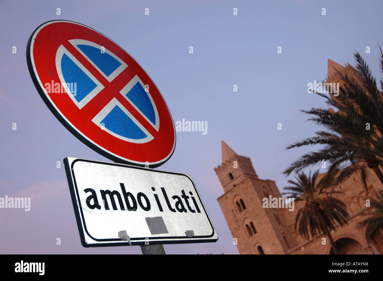 ambo i lati sign with backdrop of Cefalu cathedral Stock Photo - Alamy