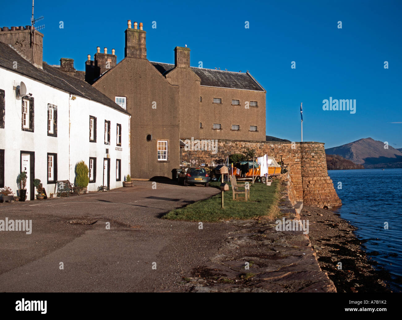 Inveraray Jail Museum with the perimeter wall and the New Prison Building. Stock Photo