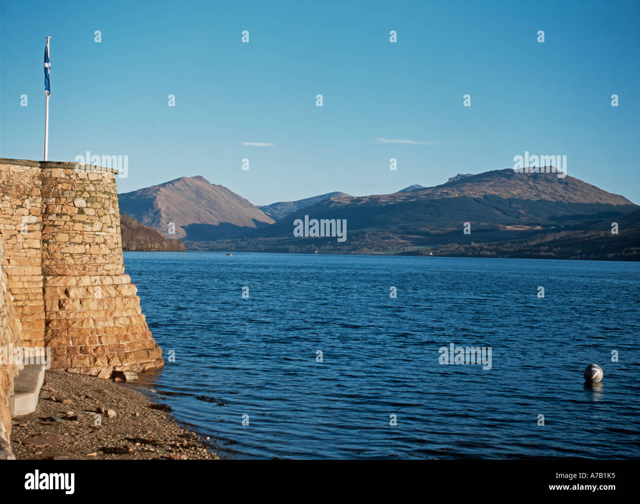 The Inveraray Jail outer wall and Loch Fyne on a sunny winter day Stock Photo