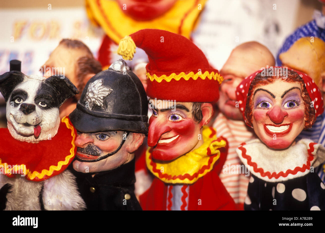 Punch and Judy with policemen and dog. Traditional entertainment. Kockabout comedy. Stock Photo