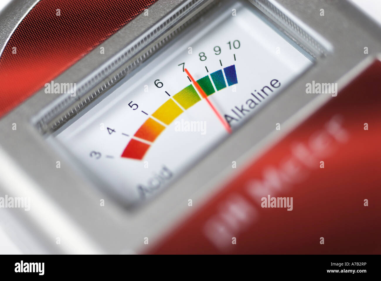 PH meter with the needle showing alkaline Stock Photo