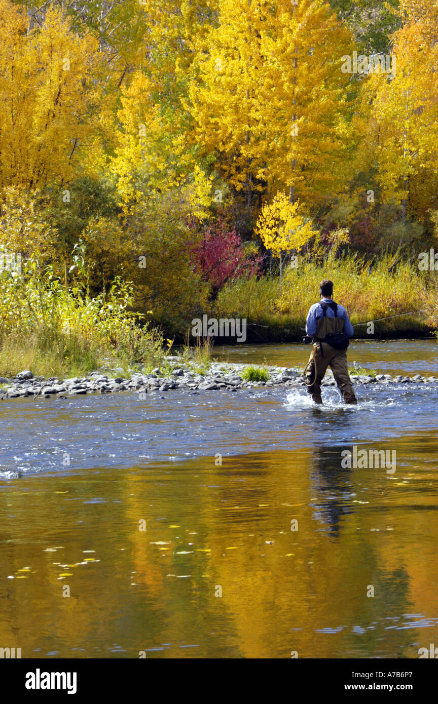 Idaho Mackay Big Lost River Man walking across a river while fly