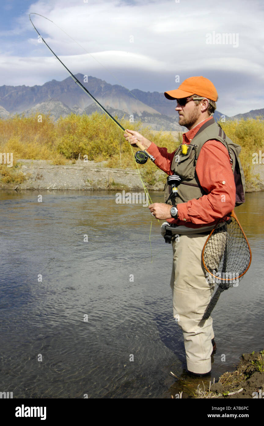 Idaho Mackay Big Lost River Man fly fishing a river in the autumn Stock Photo