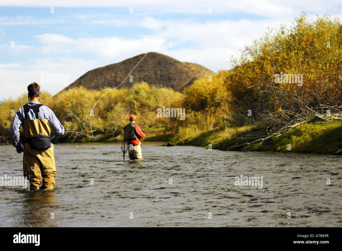 Idaho Mackay Big Lost River Two men fly fishing in the autumn Stock