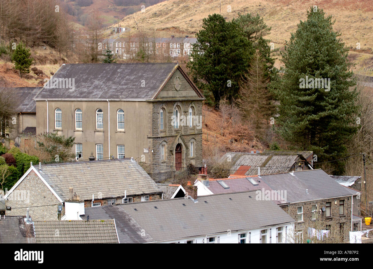 View over Cymmer with Hebron Chapel dated 1903 in centre of the village